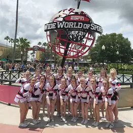 Cheerleaders in front of a globe